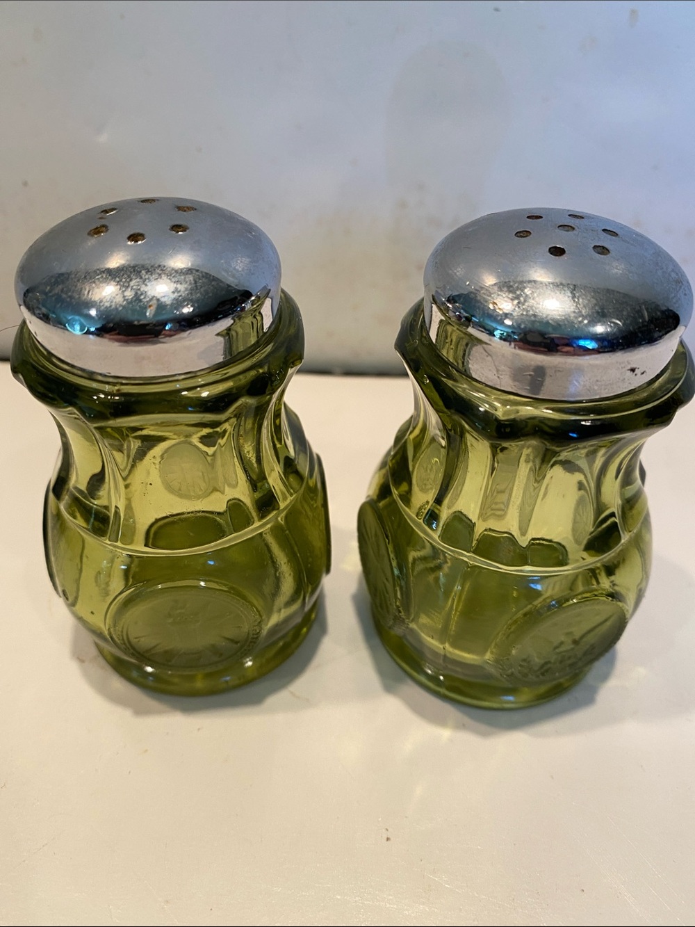 Fostoria Avocado Green Coin Glass Salt & Pepper Set